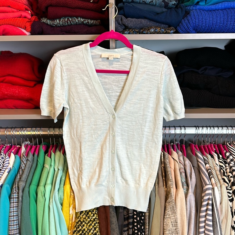 LOFT Light Mint Short Sleeve Button Cardigan